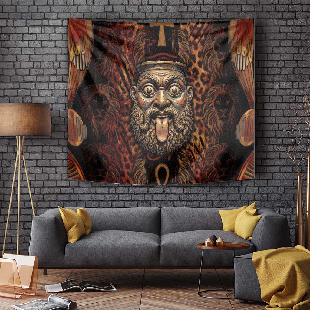 Bes Ancient Egyptian Tapestry with Leopard Print Ankh and Eye of Horus Egyptian Deity Tribute - Wonder Print Shop