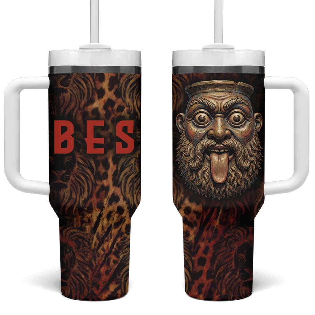 Bes Ancient Egyptian Tumbler With Handle with Leopard Print Ankh and Eye of Horus Egyptian Deity Tribute - Wonder Print Shop