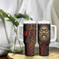 Bes Ancient Egyptian Tumbler With Handle with Leopard Print Ankh and Eye of Horus Egyptian Deity Tribute - Wonder Print Shop