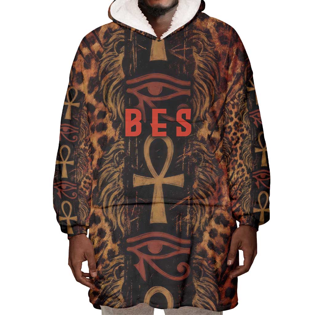 Bes Ancient Egyptian Wearable Blanket Hoodie with Leopard Print Ankh and Eye of Horus Egyptian Deity Tribute - Wonder Print Shop