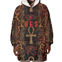 Bes Ancient Egyptian Wearable Blanket Hoodie with Leopard Print Ankh and Eye of Horus Egyptian Deity Tribute - Wonder Print Shop