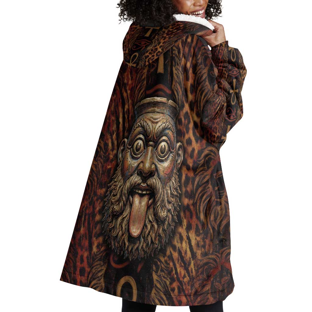 Bes Ancient Egyptian Wearable Blanket Hoodie with Leopard Print Ankh and Eye of Horus Egyptian Deity Tribute - Wonder Print Shop
