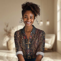 Bes Ancient Egyptian Women Casual Shirt with Leopard Print Ankh and Eye of Horus Egyptian Deity Tribute - Wonder Print Shop