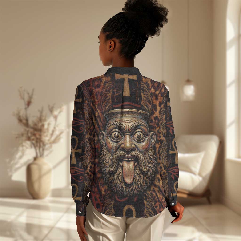 Bes Ancient Egyptian Women Casual Shirt with Leopard Print Ankh and Eye of Horus Egyptian Deity Tribute - Wonder Print Shop