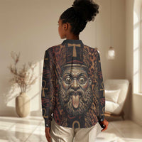 Bes Ancient Egyptian Women Casual Shirt with Leopard Print Ankh and Eye of Horus Egyptian Deity Tribute - Wonder Print Shop