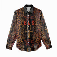 Bes Ancient Egyptian Women Casual Shirt with Leopard Print Ankh and Eye of Horus Egyptian Deity Tribute - Wonder Print Shop