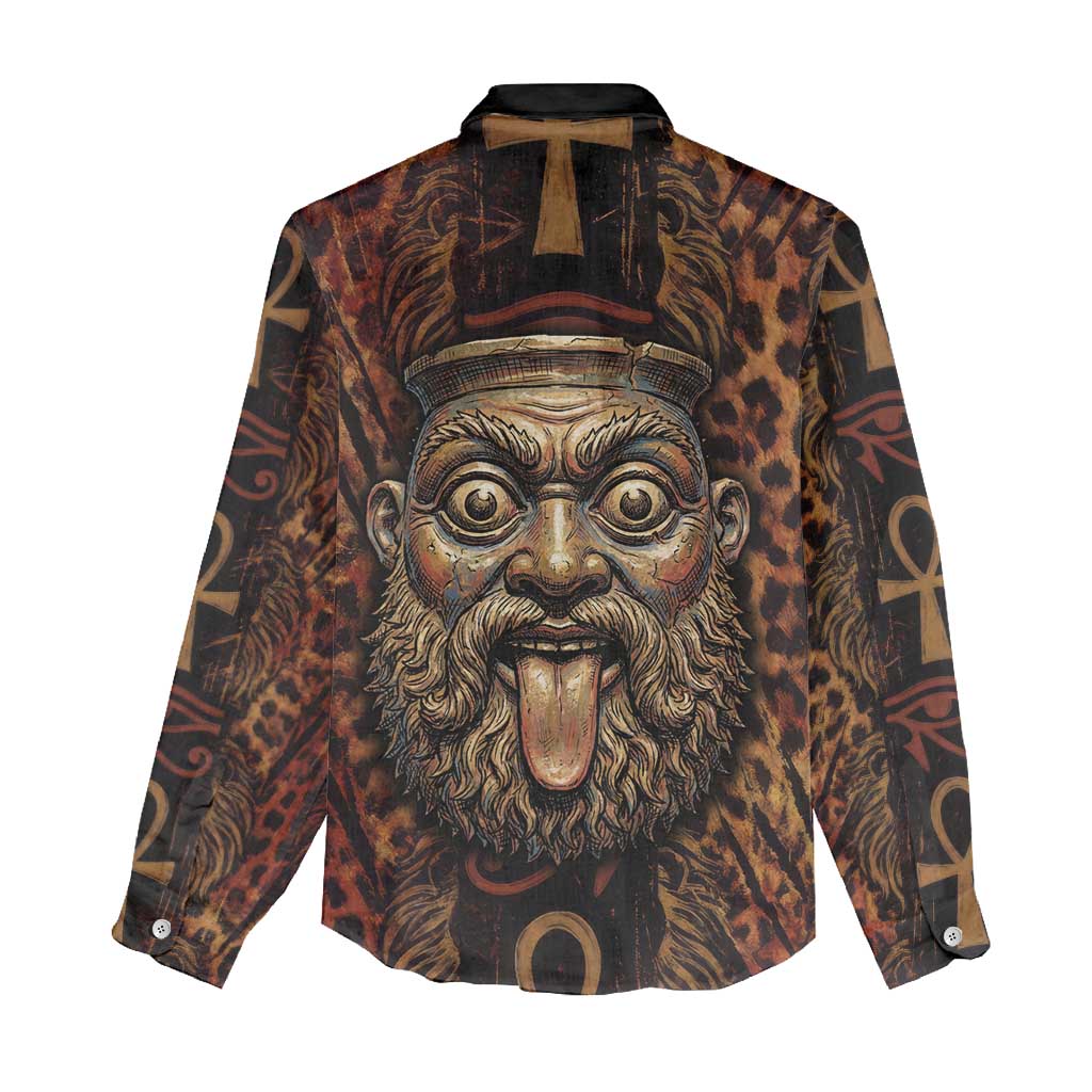 Bes Ancient Egyptian Women Casual Shirt with Leopard Print Ankh and Eye of Horus Egyptian Deity Tribute - Wonder Print Shop