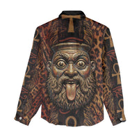 Bes Ancient Egyptian Women Casual Shirt with Leopard Print Ankh and Eye of Horus Egyptian Deity Tribute - Wonder Print Shop
