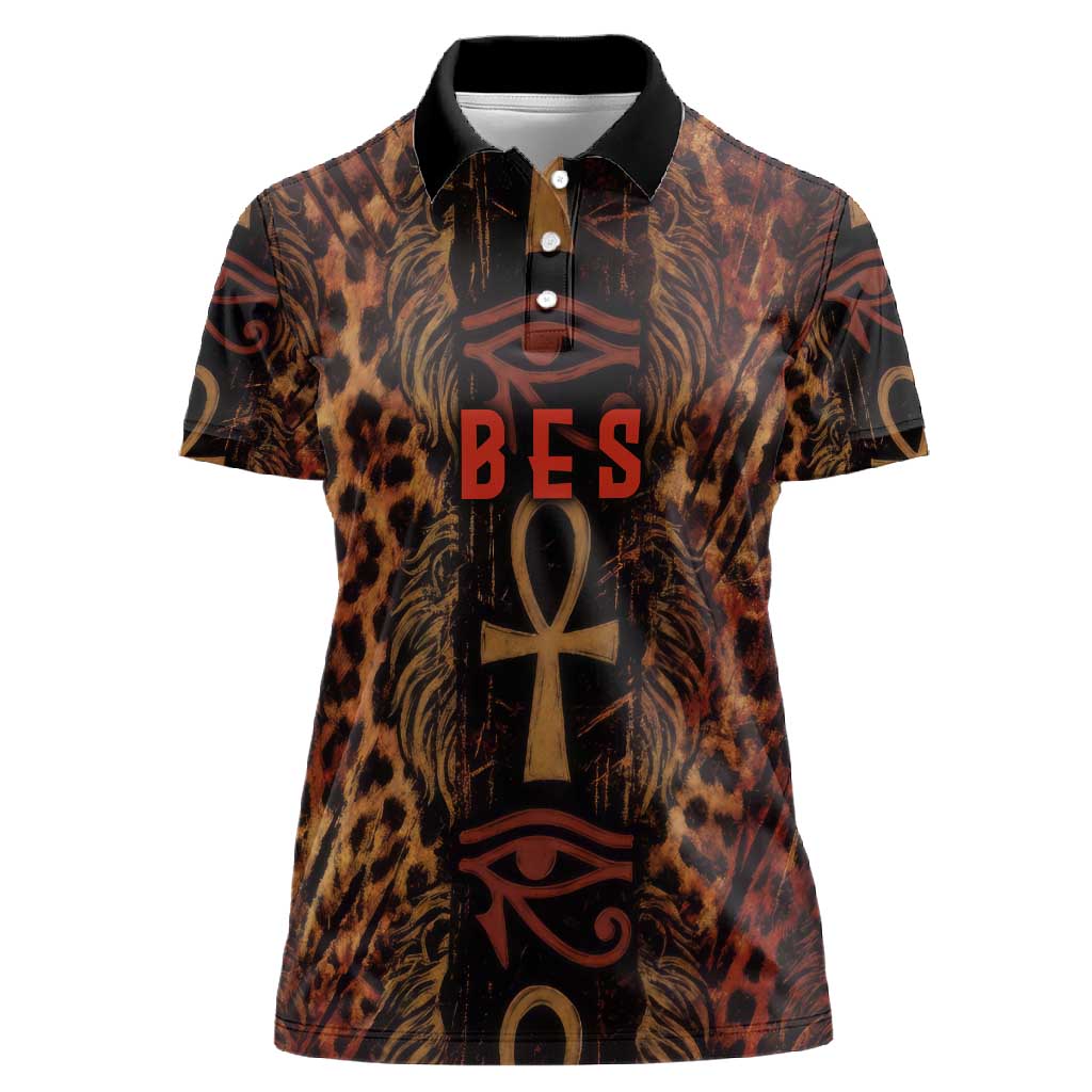 Bes Ancient Egyptian Women Polo Shirt with Leopard Print Ankh and Eye of Horus Egyptian Deity Tribute - Wonder Print Shop