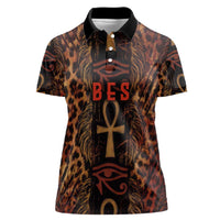 Bes Ancient Egyptian Women Polo Shirt with Leopard Print Ankh and Eye of Horus Egyptian Deity Tribute - Wonder Print Shop