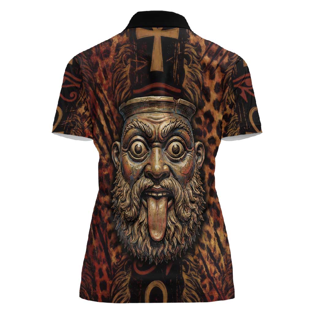 Bes Ancient Egyptian Women Polo Shirt with Leopard Print Ankh and Eye of Horus Egyptian Deity Tribute - Wonder Print Shop