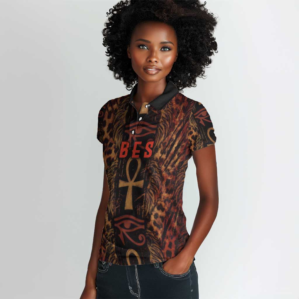 Bes Ancient Egyptian Women Polo Shirt with Leopard Print Ankh and Eye of Horus Egyptian Deity Tribute - Wonder Print Shop