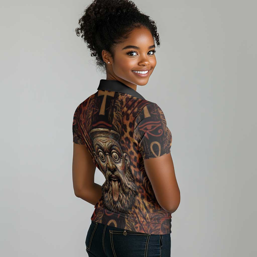 Bes Ancient Egyptian Women Polo Shirt with Leopard Print Ankh and Eye of Horus Egyptian Deity Tribute - Wonder Print Shop
