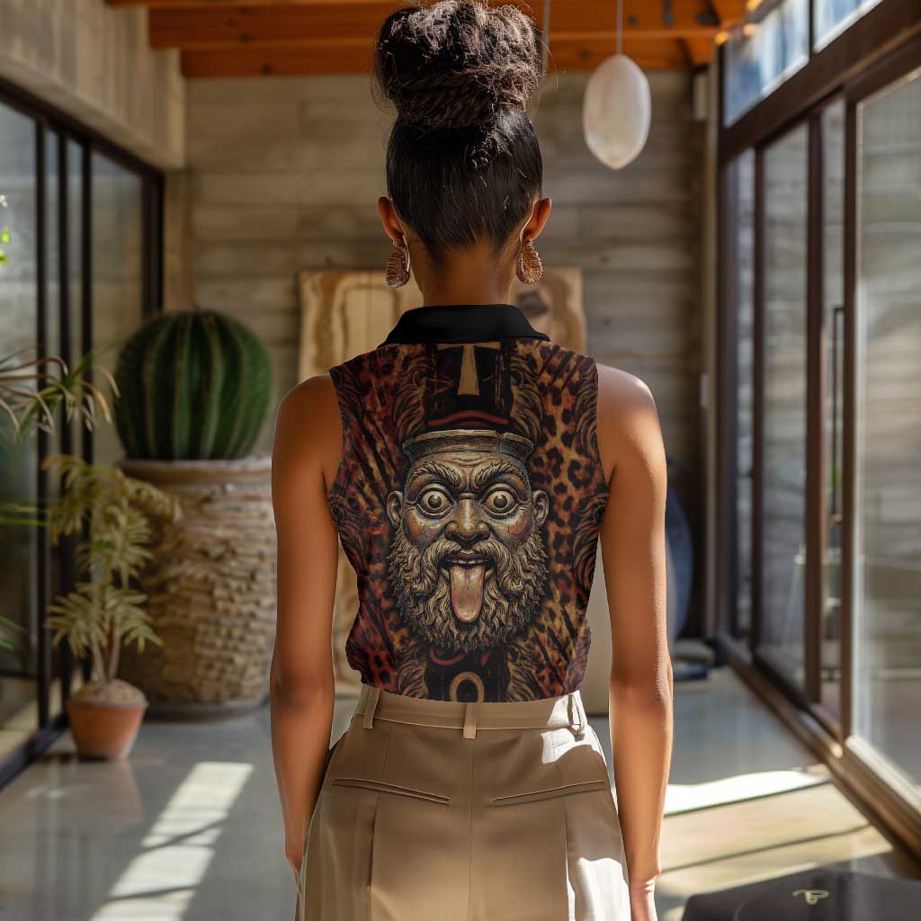 Bes Ancient Egyptian Women Sleeveless Polo Shirt with Leopard Print Ankh and Eye of Horus Egyptian Deity Tribute - Wonder Print Shop