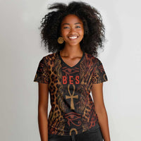 Bes Ancient Egyptian Women V-Neck T-Shirt with Leopard Print Ankh and Eye of Horus Egyptian Deity Tribute - Wonder Print Shop