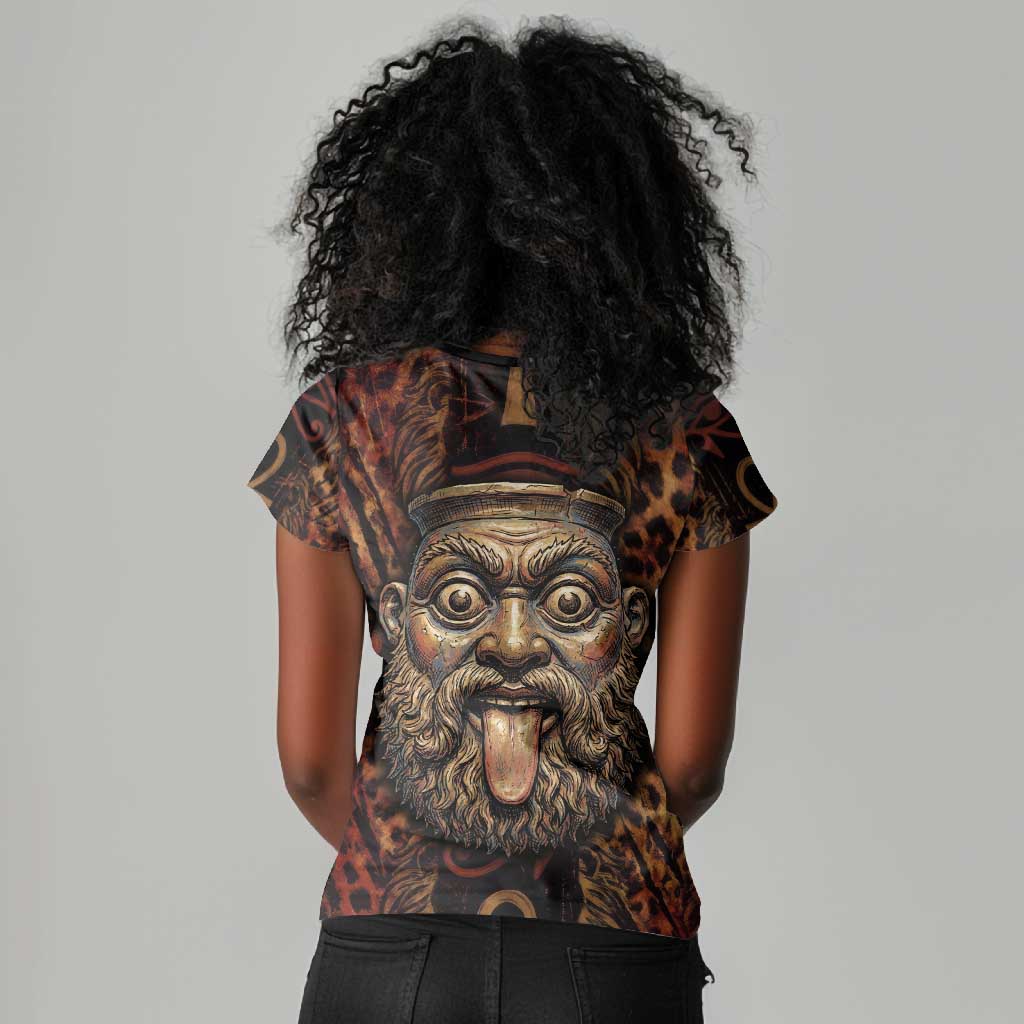 Bes Ancient Egyptian Women V-Neck T-Shirt with Leopard Print Ankh and Eye of Horus Egyptian Deity Tribute - Wonder Print Shop