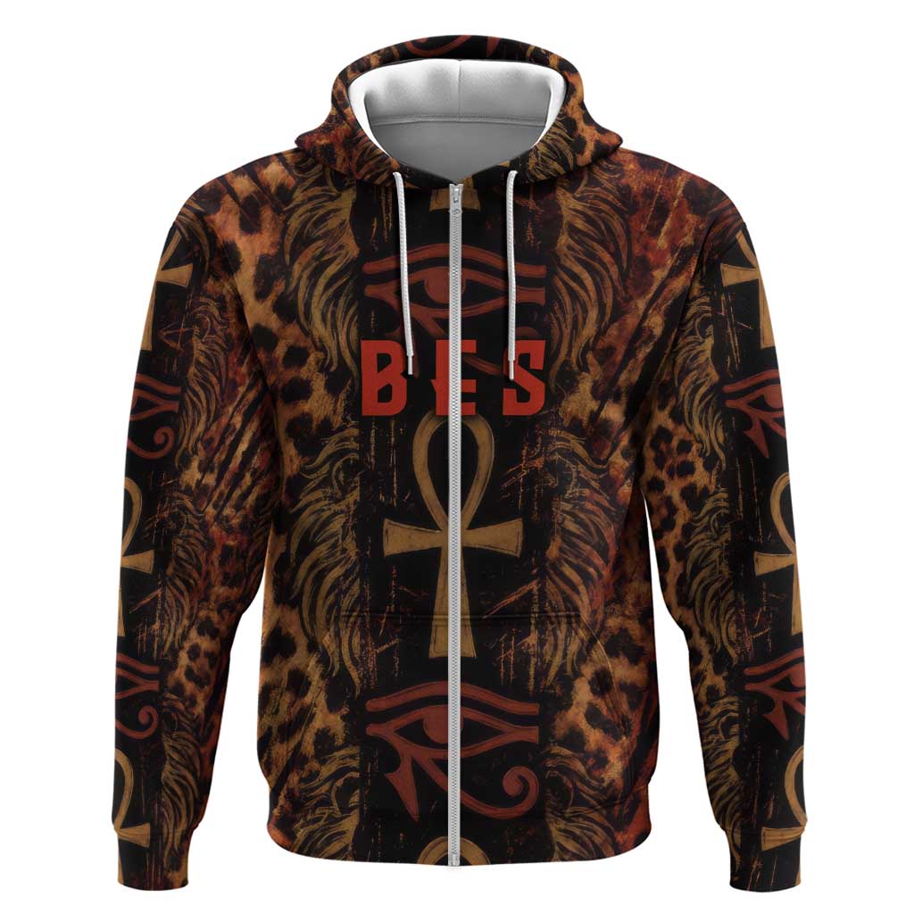 Bes Ancient Egyptian Zip Hoodie with Leopard Print Ankh and Eye of Horus Egyptian Deity Tribute - Wonder Print Shop