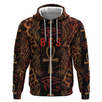 Bes Ancient Egyptian Zip Hoodie with Leopard Print Ankh and Eye of Horus Egyptian Deity Tribute - Wonder Print Shop