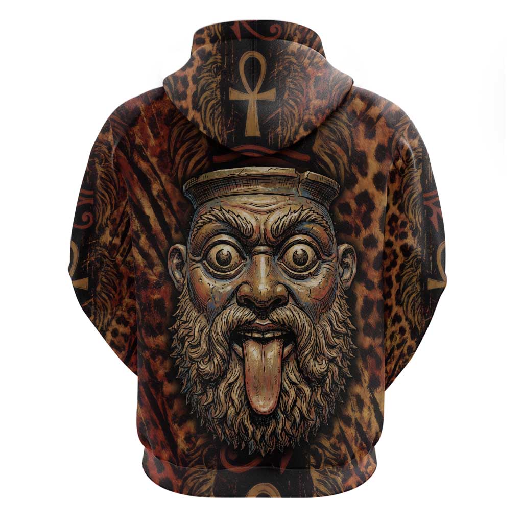 Bes Ancient Egyptian Zip Hoodie with Leopard Print Ankh and Eye of Horus Egyptian Deity Tribute - Wonder Print Shop