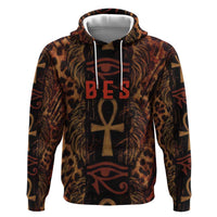 Bes Ancient Egyptian Zip Hoodie with Leopard Print Ankh and Eye of Horus Egyptian Deity Tribute - Wonder Print Shop