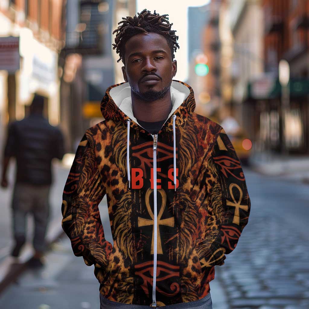 Bes Ancient Egyptian Zip Hoodie with Leopard Print Ankh and Eye of Horus Egyptian Deity Tribute - Wonder Print Shop