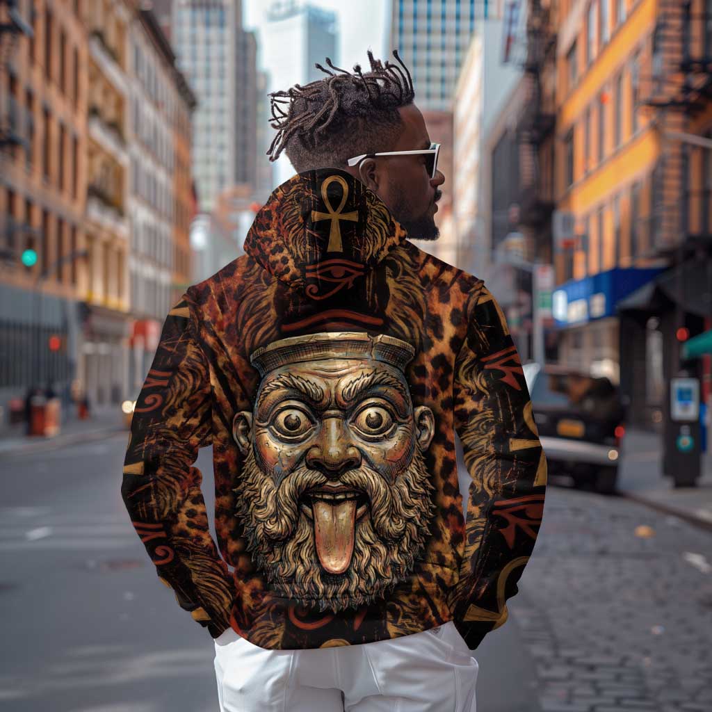 Bes Ancient Egyptian Zip Hoodie with Leopard Print Ankh and Eye of Horus Egyptian Deity Tribute - Wonder Print Shop