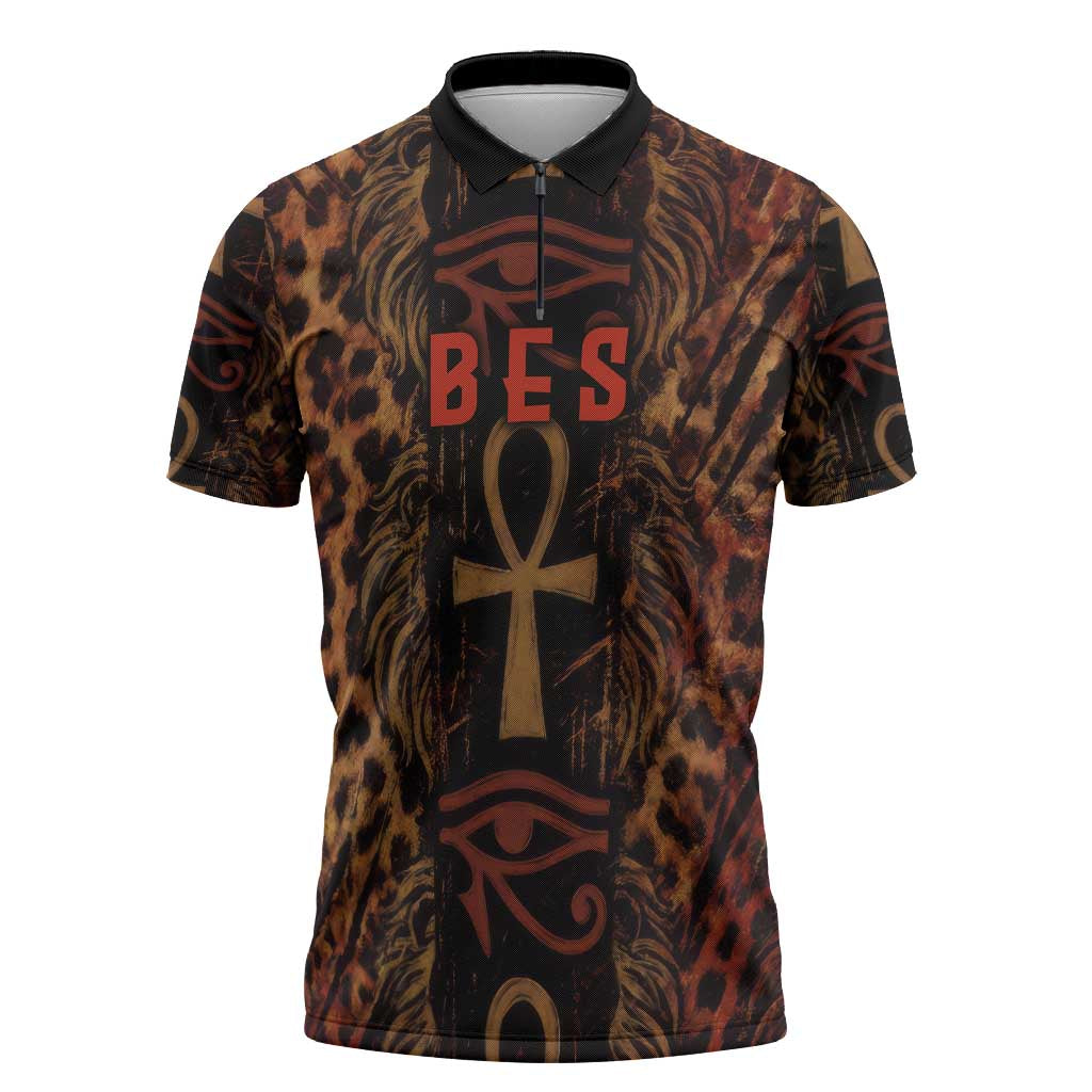 Bes Ancient Egyptian Zipper Polo Shirt with Leopard Print Ankh and Eye of Horus Egyptian Deity Tribute - Wonder Print Shop
