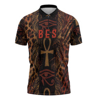 Bes Ancient Egyptian Zipper Polo Shirt with Leopard Print Ankh and Eye of Horus Egyptian Deity Tribute - Wonder Print Shop