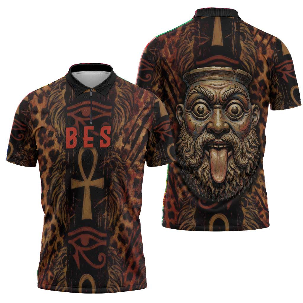 Bes Ancient Egyptian Zipper Polo Shirt with Leopard Print Ankh and Eye of Horus Egyptian Deity Tribute - Wonder Print Shop