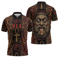 Bes Ancient Egyptian Zipper Polo Shirt with Leopard Print Ankh and Eye of Horus Egyptian Deity Tribute - Wonder Print Shop
