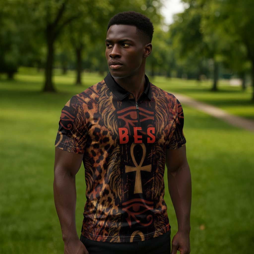 Bes Ancient Egyptian Zipper Polo Shirt with Leopard Print Ankh and Eye of Horus Egyptian Deity Tribute - Wonder Print Shop