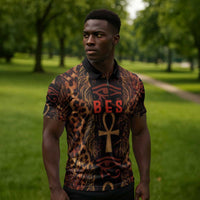 Bes Ancient Egyptian Zipper Polo Shirt with Leopard Print Ankh and Eye of Horus Egyptian Deity Tribute - Wonder Print Shop