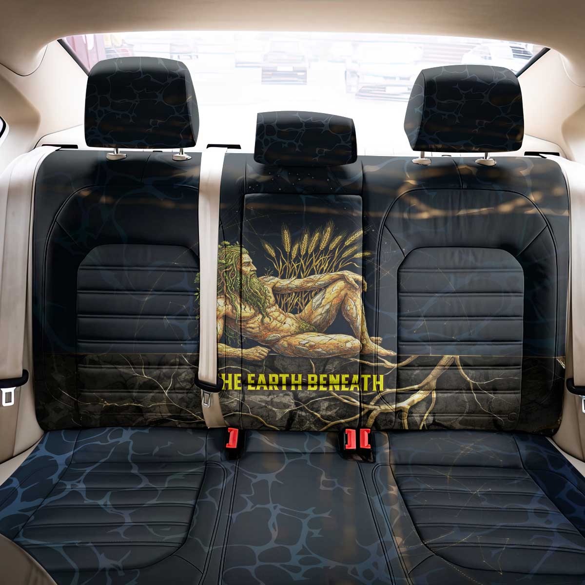 Geb Back Car Seat Cover Ancient Egyptian Cracked Earth and Wheat Illustration Egyptian Earth God - Wonder Print Shop