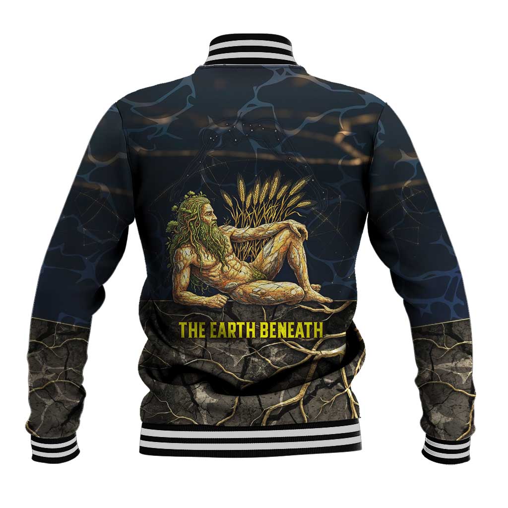 Geb Baseball Jacket Ancient Egyptian Cracked Earth and Wheat Illustration Egyptian Earth God - Wonder Print Shop