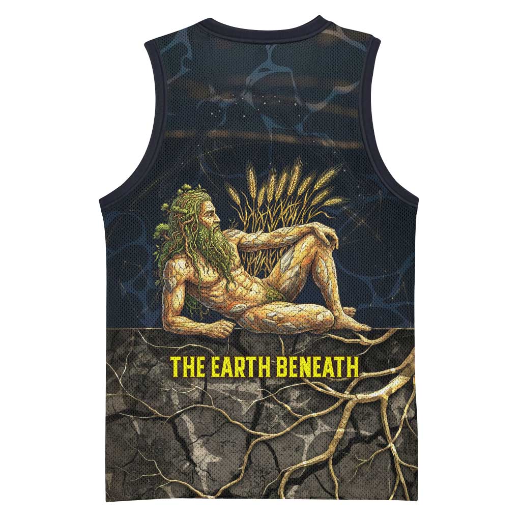 Geb Basketball Jersey Ancient Egyptian Cracked Earth and Wheat Illustration Egyptian Earth God - Wonder Print Shop