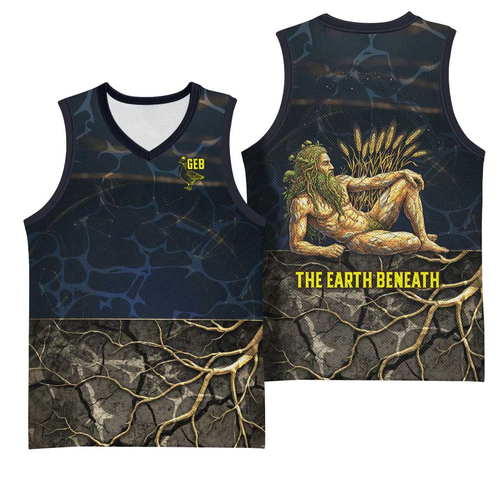Geb Basketball Jersey Ancient Egyptian Cracked Earth and Wheat Illustration Egyptian Earth God - Wonder Print Shop