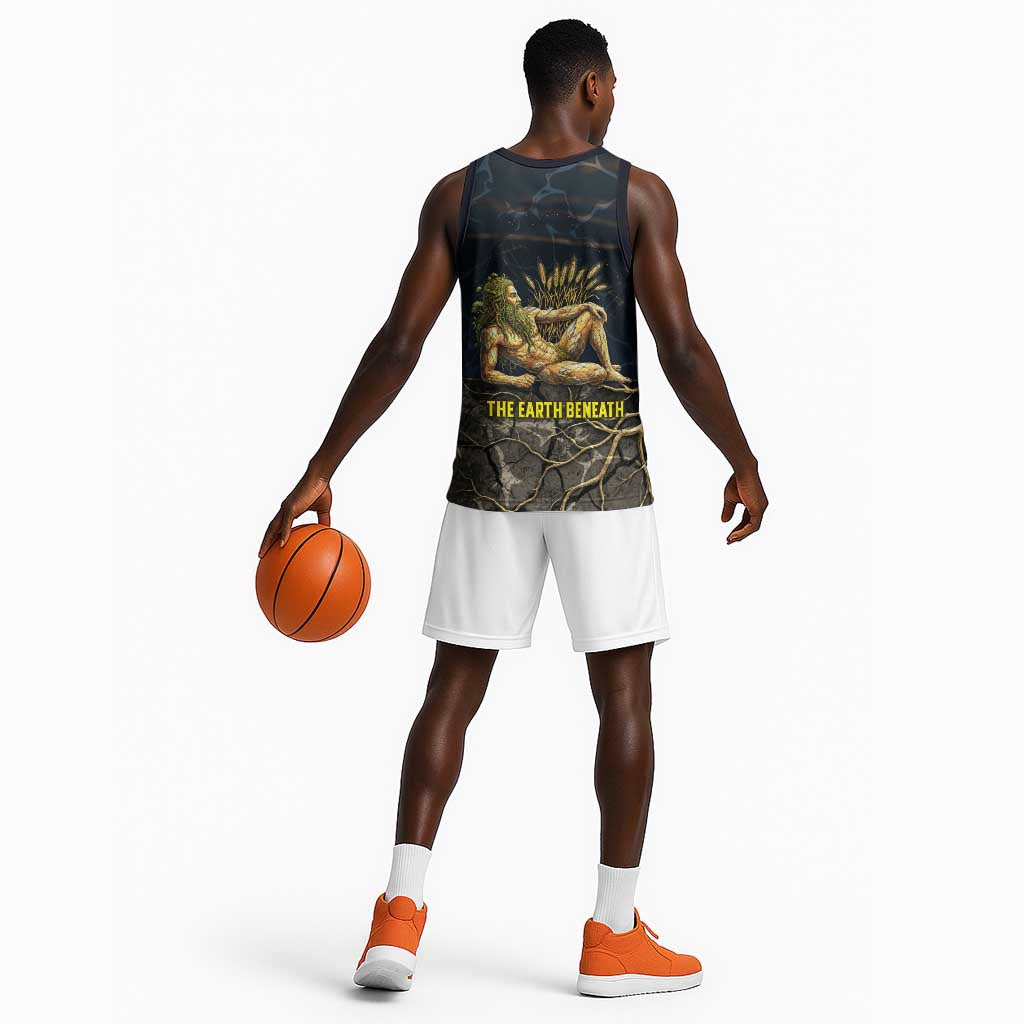 Geb Basketball Jersey Ancient Egyptian Cracked Earth and Wheat Illustration Egyptian Earth God - Wonder Print Shop