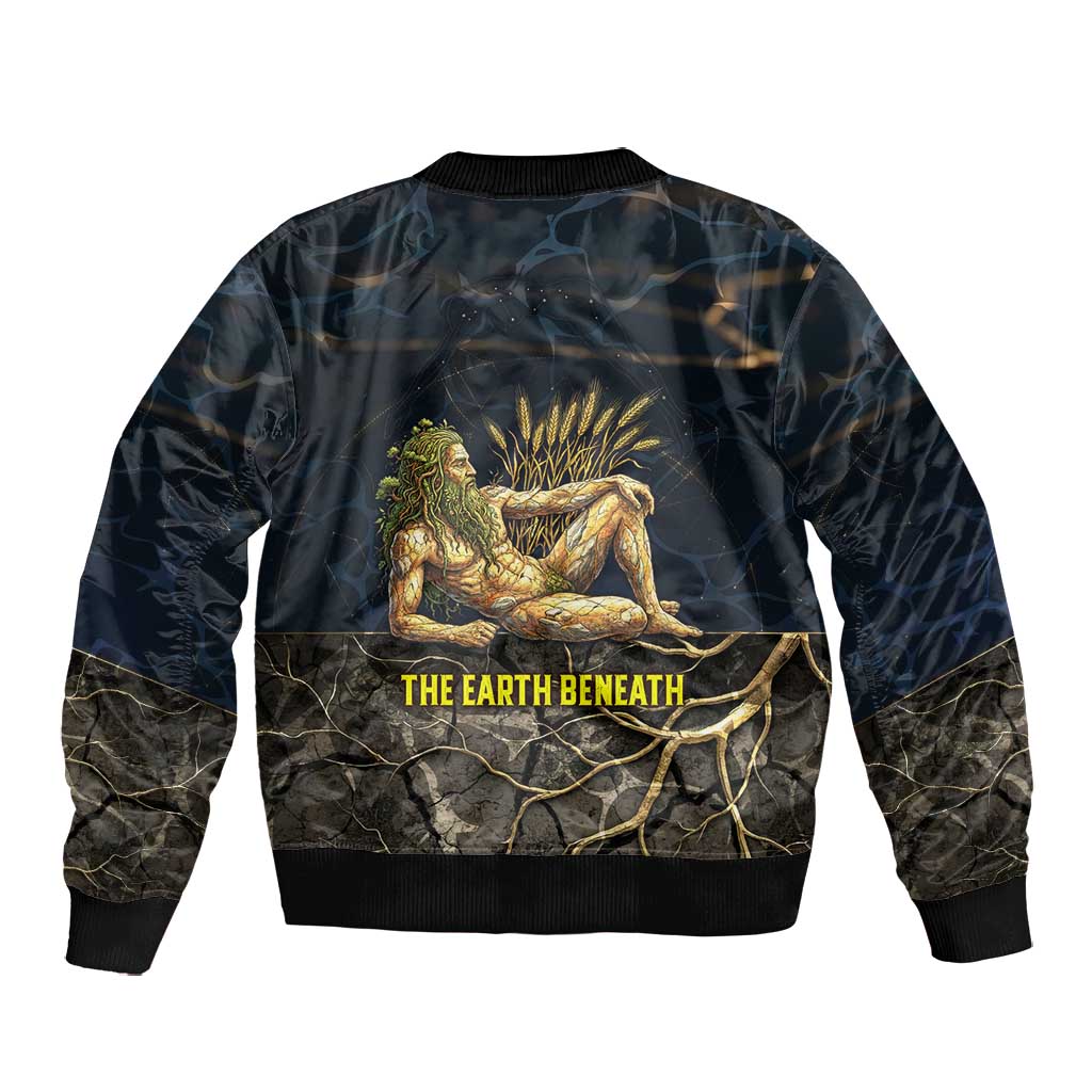 Geb Bomber Jacket Ancient Egyptian Cracked Earth and Wheat Illustration Egyptian Earth God - Wonder Print Shop