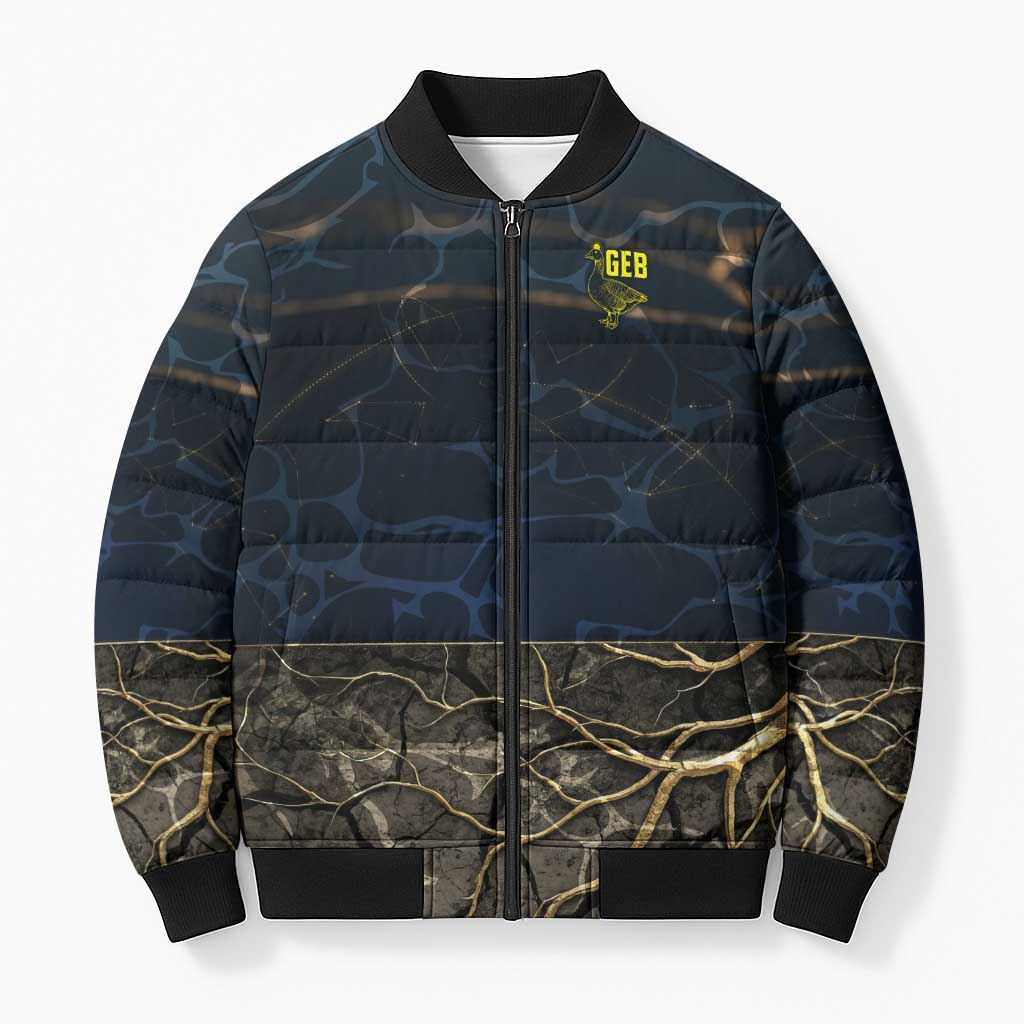 Geb Bomber Puffer Jacket Ancient Egyptian Cracked Earth and Wheat Illustration Egyptian Earth God - Wonder Print Shop