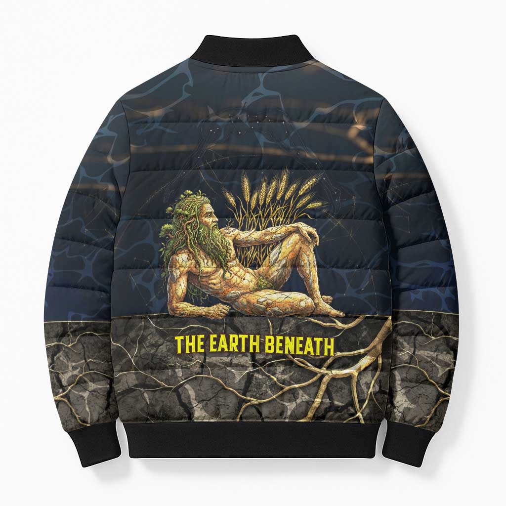 Geb Bomber Puffer Jacket Ancient Egyptian Cracked Earth and Wheat Illustration Egyptian Earth God - Wonder Print Shop