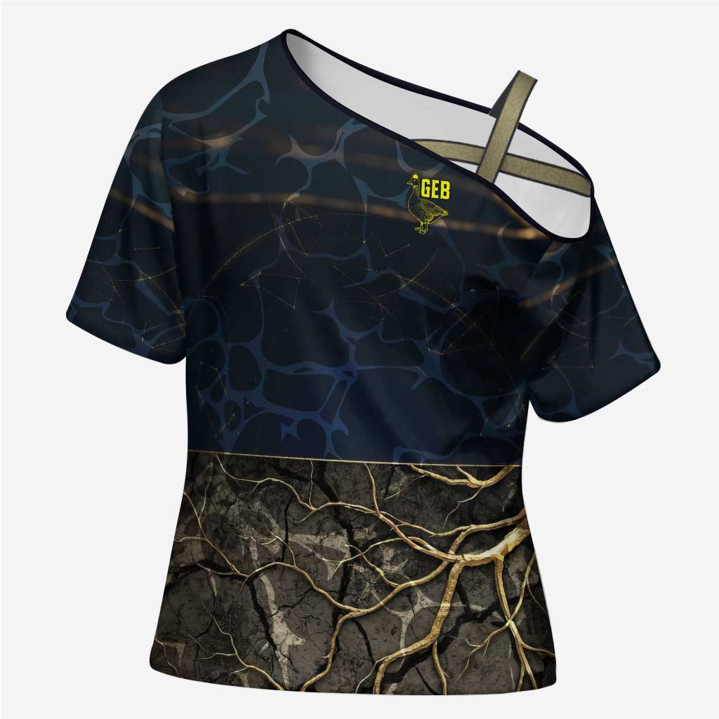 Geb Cross Shoulder Shirt Ancient Egyptian Cracked Earth and Wheat Illustration Egyptian Earth God - Wonder Print Shop