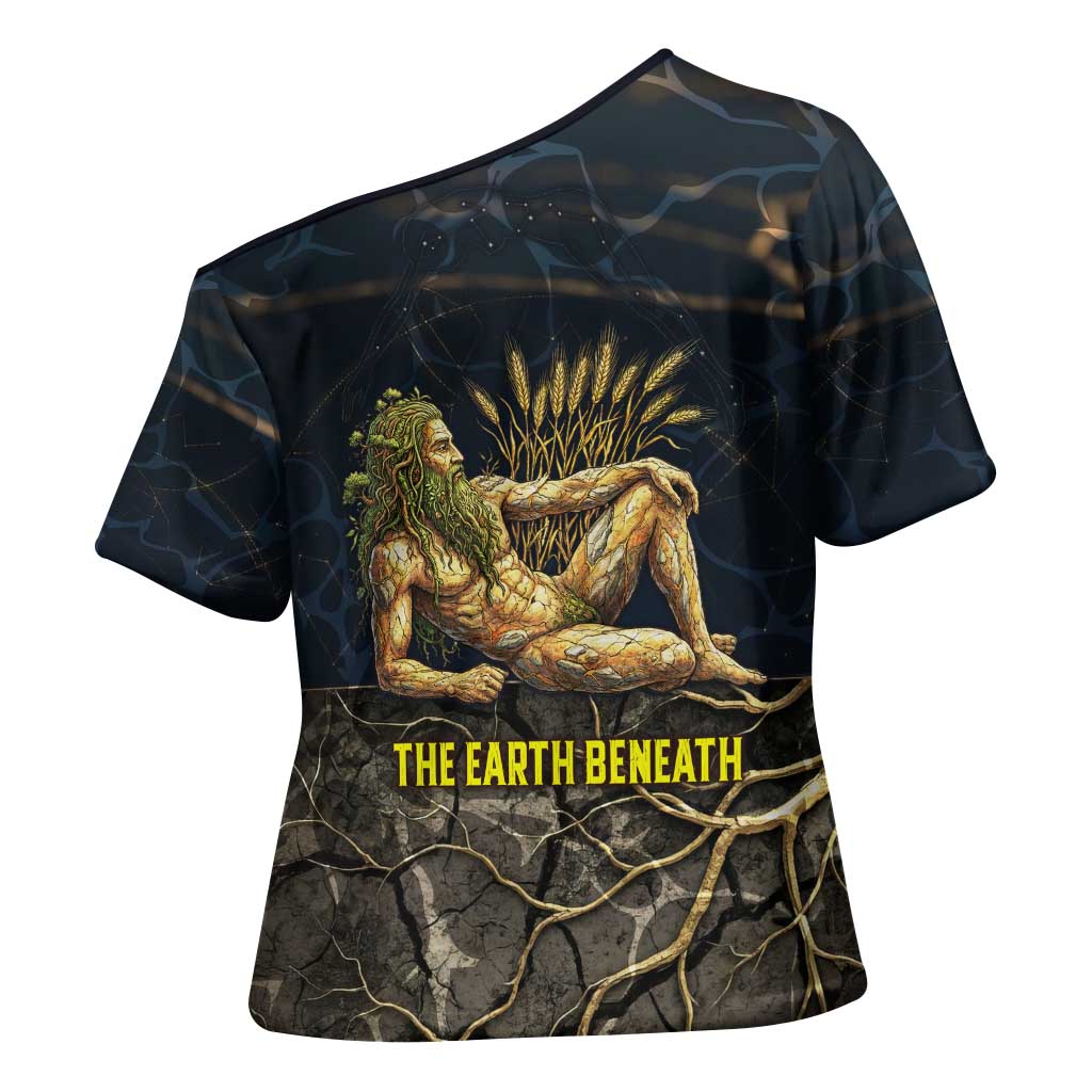 Geb Cross Shoulder Shirt Ancient Egyptian Cracked Earth and Wheat Illustration Egyptian Earth God - Wonder Print Shop