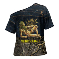 Geb Cross Shoulder Shirt Ancient Egyptian Cracked Earth and Wheat Illustration Egyptian Earth God - Wonder Print Shop