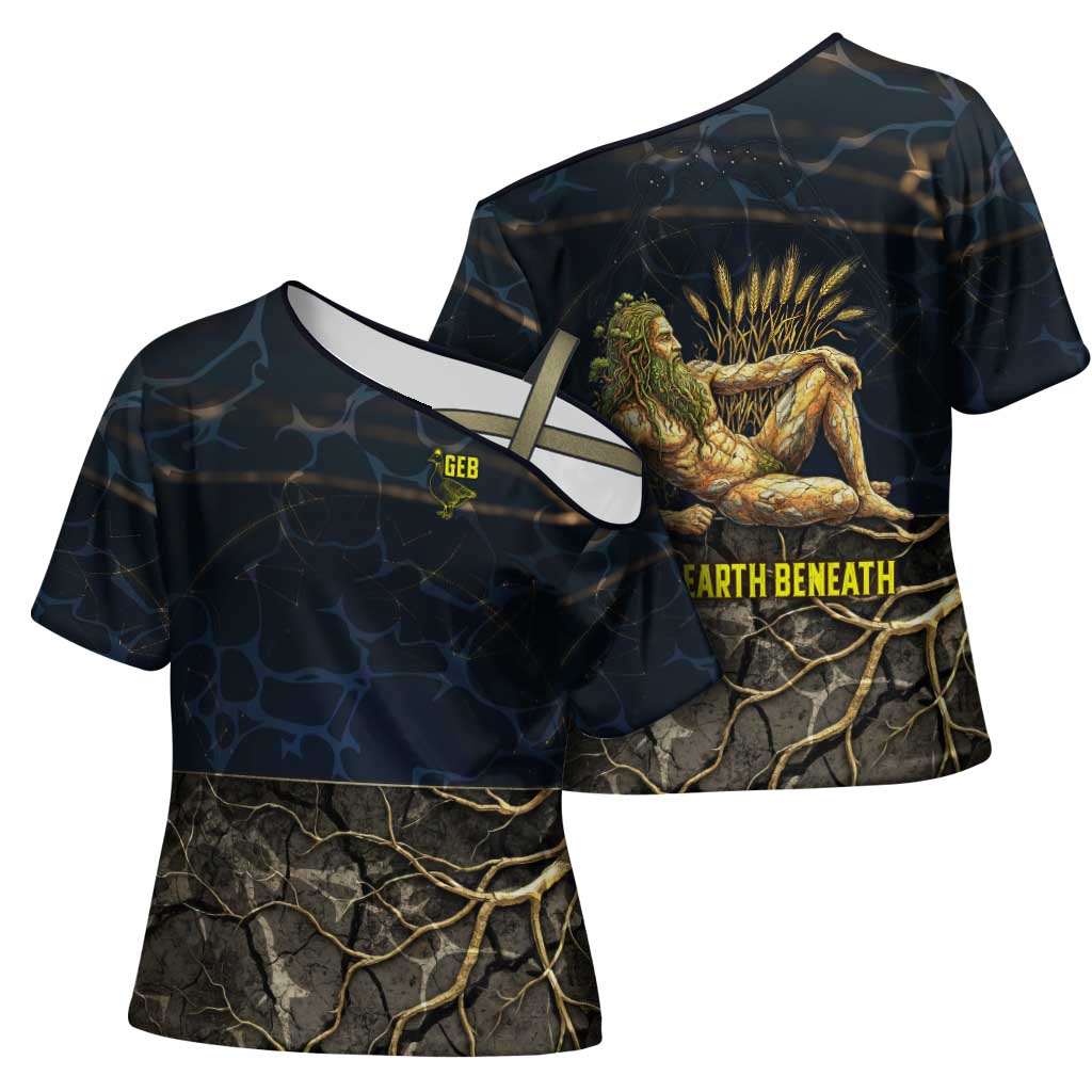 Geb Cross Shoulder Shirt Ancient Egyptian Cracked Earth and Wheat Illustration Egyptian Earth God - Wonder Print Shop
