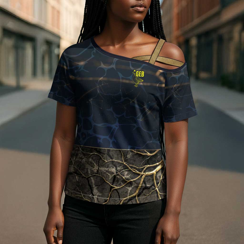 Geb Cross Shoulder Shirt Ancient Egyptian Cracked Earth and Wheat Illustration Egyptian Earth God - Wonder Print Shop