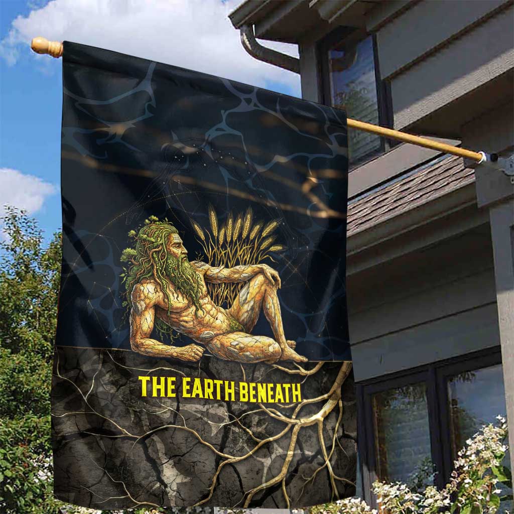 Geb Garden Flag Ancient Egyptian Cracked Earth and Wheat Illustration Egyptian Earth God - Wonder Print Shop