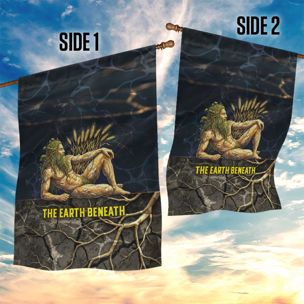 Geb Garden Flag Ancient Egyptian Cracked Earth and Wheat Illustration Egyptian Earth God - Wonder Print Shop