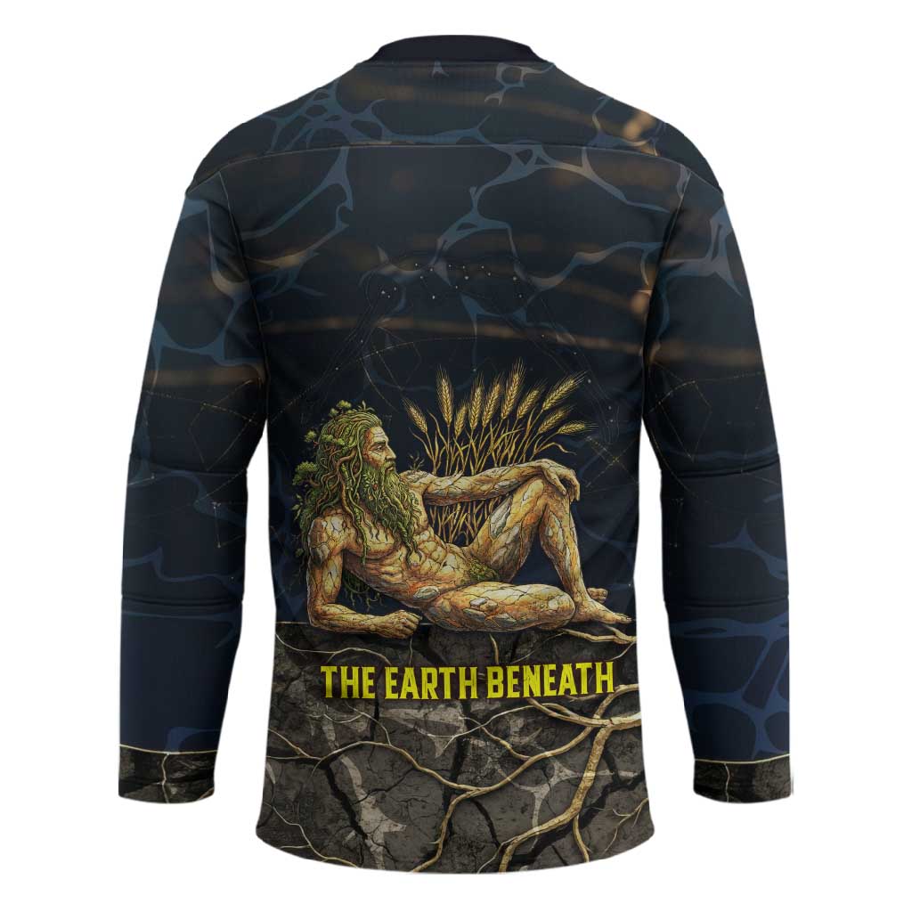 Geb Hockey Jersey Ancient Egyptian Cracked Earth and Wheat Illustration Egyptian Earth God - Wonder Print Shop