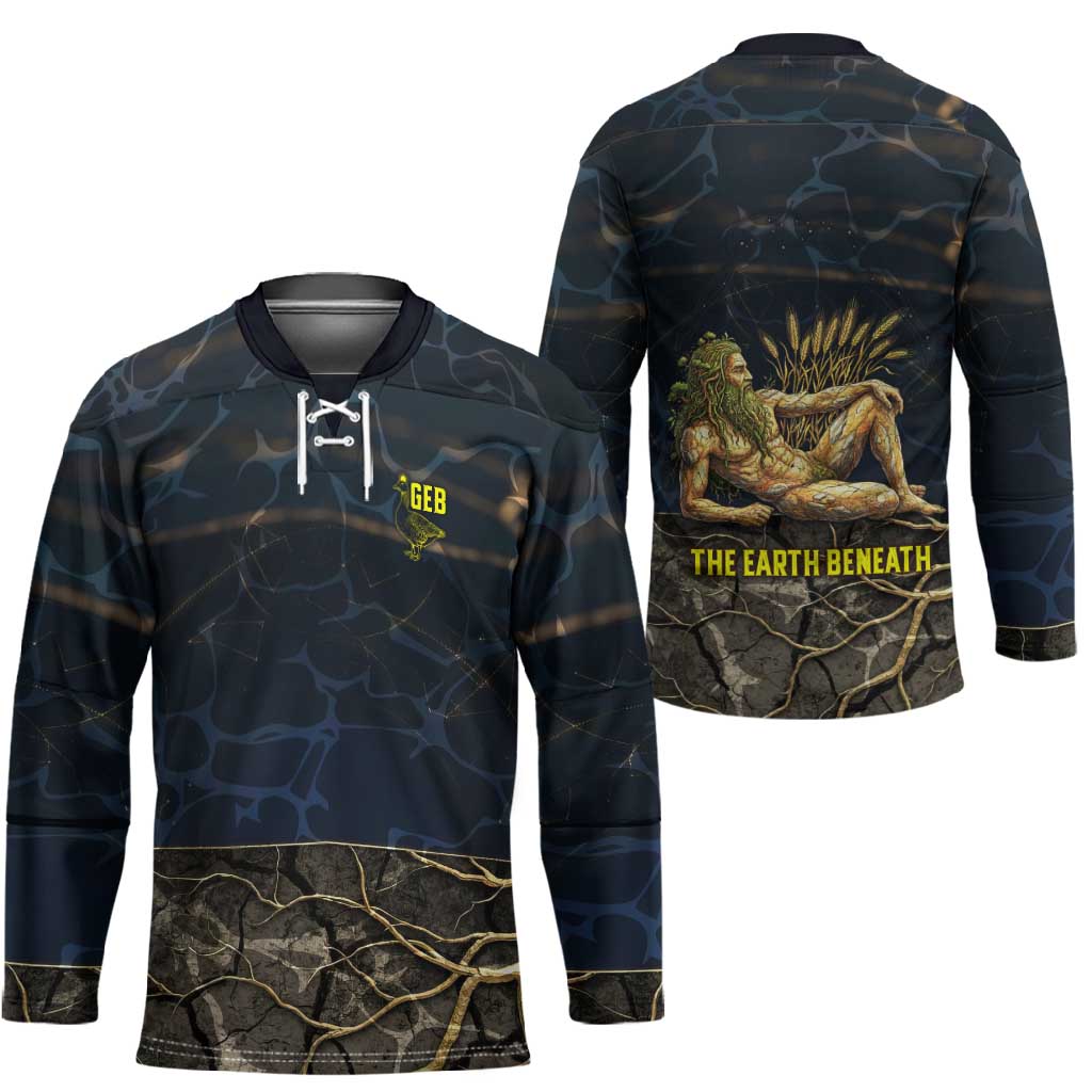 Geb Hockey Jersey Ancient Egyptian Cracked Earth and Wheat Illustration Egyptian Earth God - Wonder Print Shop