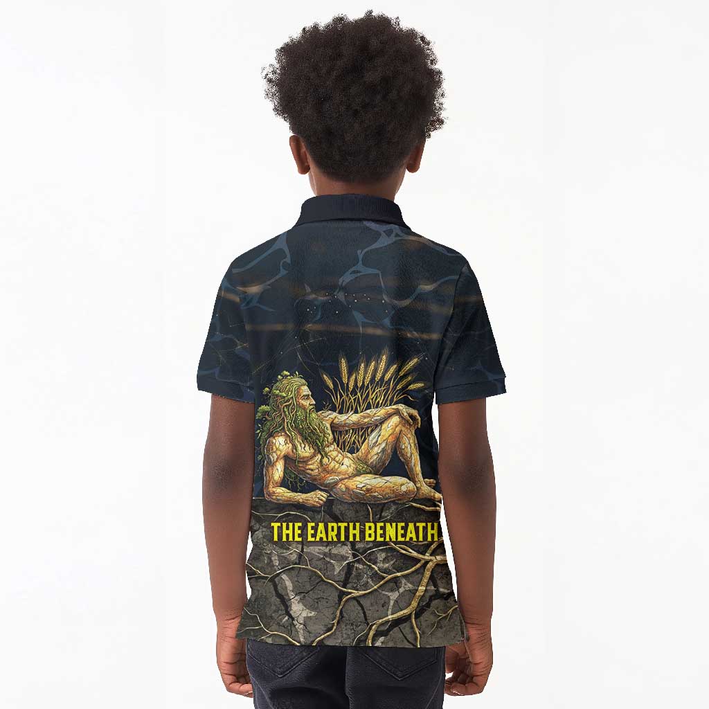 Geb Kid Polo Shirt Ancient Egyptian Cracked Earth and Wheat Illustration Egyptian Earth God - Wonder Print Shop